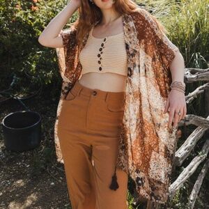 Boho Floral Print Patchwork Tassel Open Front Lightweight Kimono Cover up